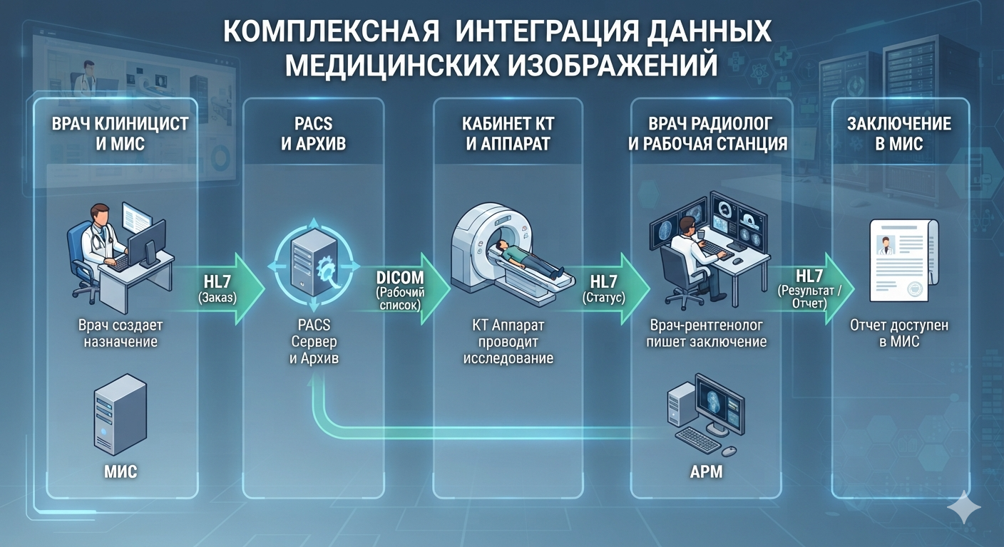 Диаграмма потоков данных между МИС, РИС и PACS: назначение через HL7, снимок через DICOM, заключение обратно через HL7