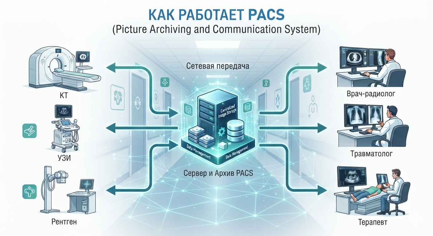 Инфографика «Как работает PACS»: от модальностей через сетевую передачу к серверу и архиву, а оттуда — на рабочие станции врачей