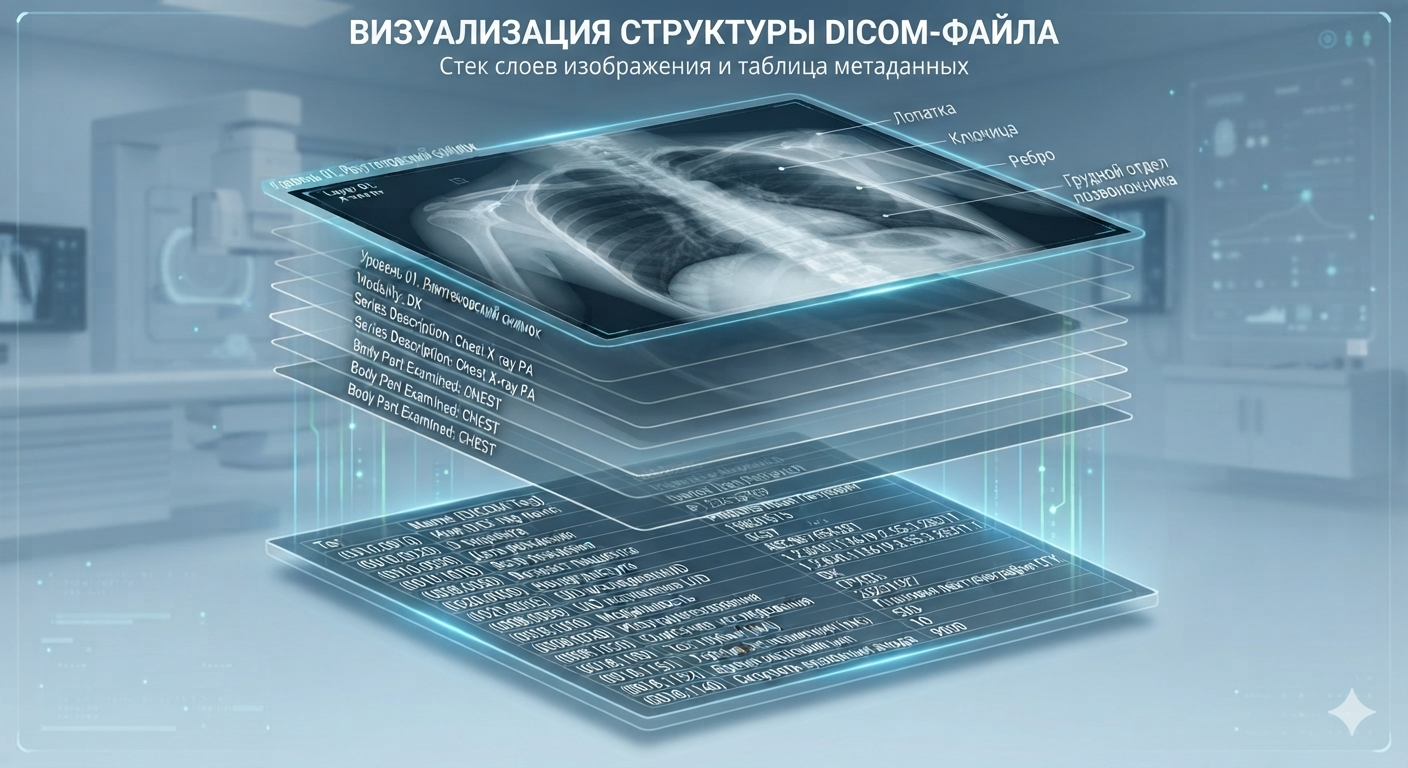 Визуализация DICOM-файла в виде стопки слоёв: рентгеновский снимок сверху и таблица метаданных снизу